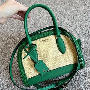 Kate Spade green raffia crossbody leather saffiano braided detail summer bag